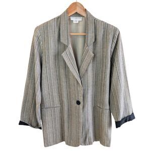 Petite Sophisticate Linen Blend Blazer Striped Tan Black Medium